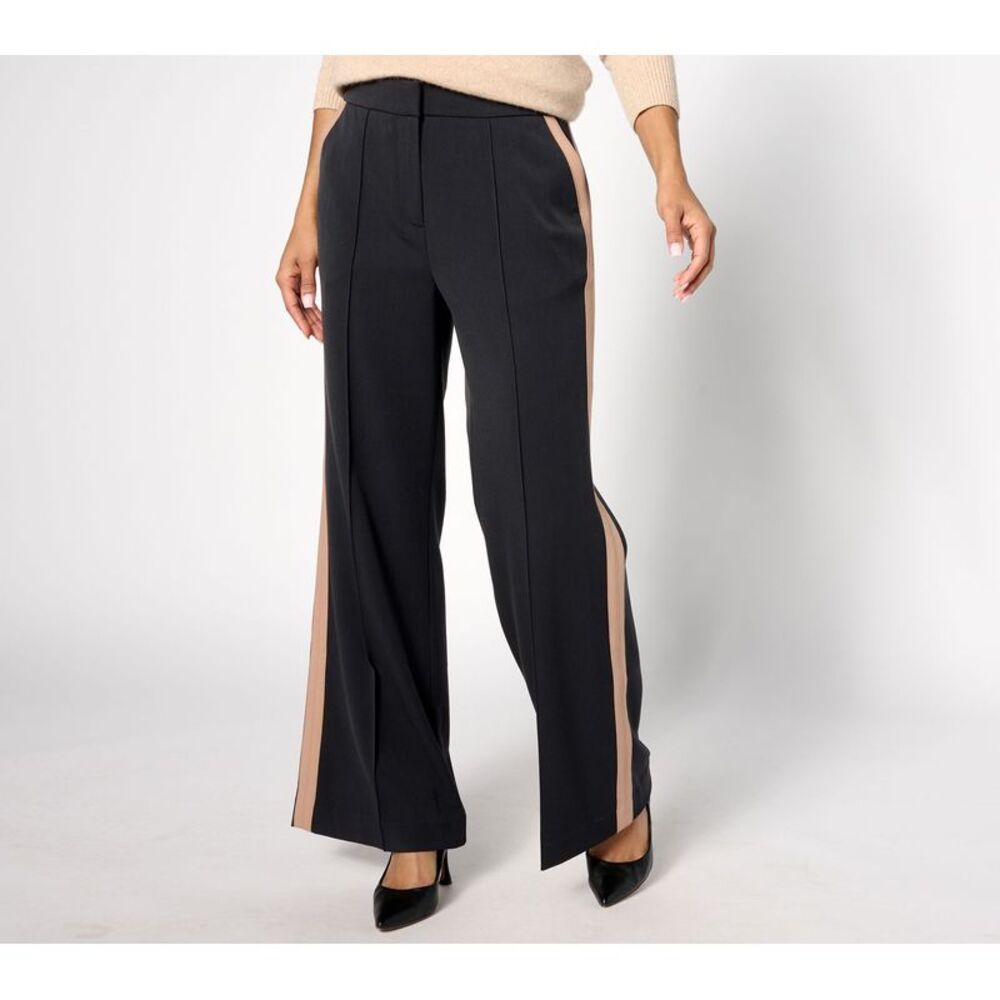 Women's Black Wide-Leg Pants with Tan Side Stripe